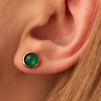 Золотые серьги - гвоздики с зеленым ониксом с05194 №4