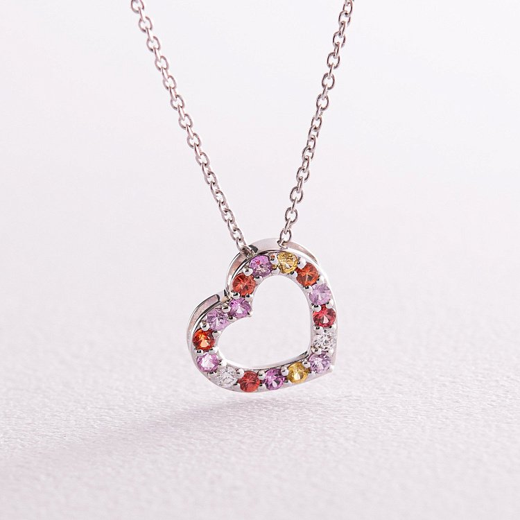 Золоте кольє "Сердечко" з діамантами та сапфірами колб0090са від ювелірного магазину Онікс