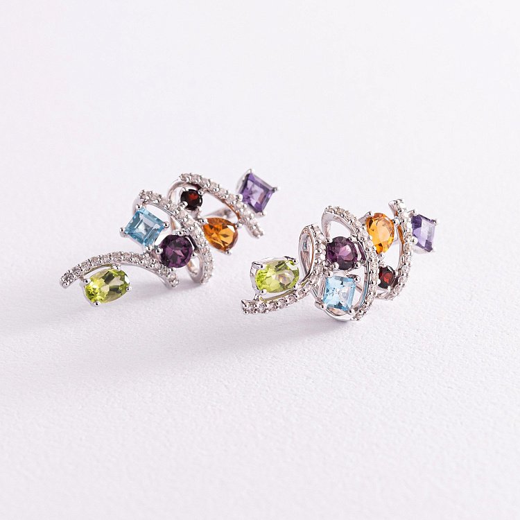 Золотые серьги (бриллианты, аметист, топаз голубой, цитрин, хризолит, альмандин, пироп) с728 Золотые серьги (бриллианты, аметист, топаз голубой, цитрин, хризолит, альмандин, пироп) с728 от ювелирного магазина Оникс