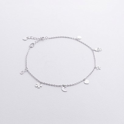 Серебряный браслет "Монетка, хамса, звезда, сердце, луна, клевер, бесконечность" на ногу 905-01110