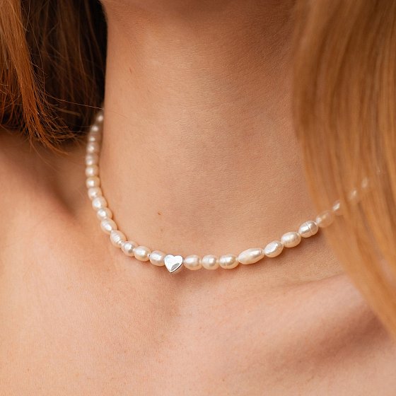 Серебряное колье "Сердечко" с жемчугом 908-01440