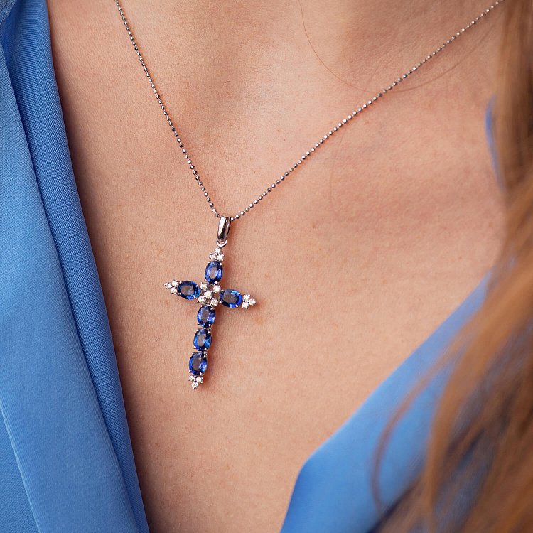 Золотой крест (сапфир, бриллиант) пб0133gm от ювелирного магазина Оникс - 3