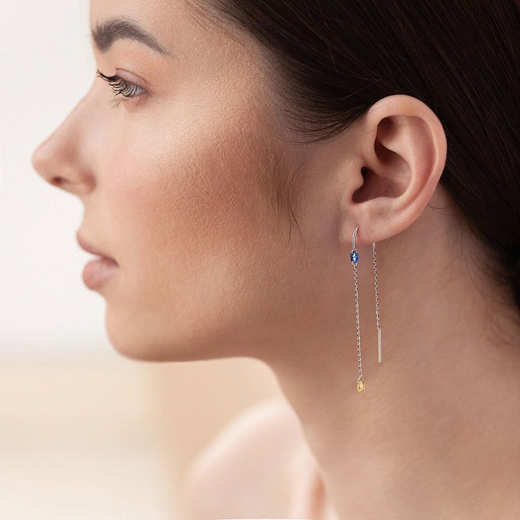 Золотые серьги - протяжки "Украинка" (голубые и желтые фианиты) с08390 от ювелирного магазина Оникс - 2