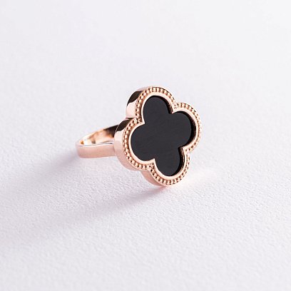 Золотое кольцо "Клевер" с ониксом к06882