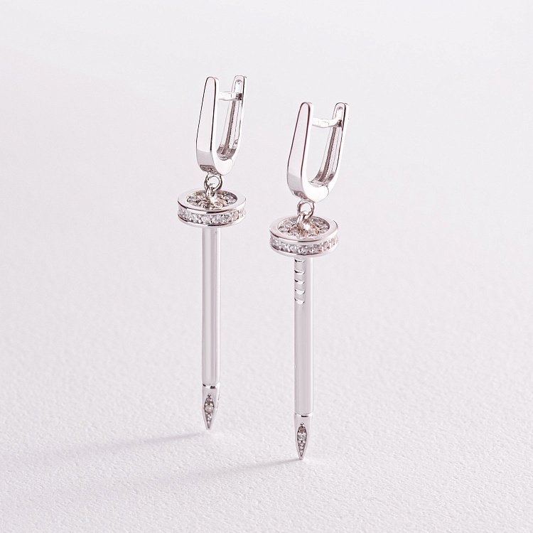 Серьги "Гвоздь" в белом золоте (фианиты) с07869 от ювелирного магазина Оникс