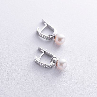 Серебряные серьги с жемчугом и фианитами 902-00333 №3