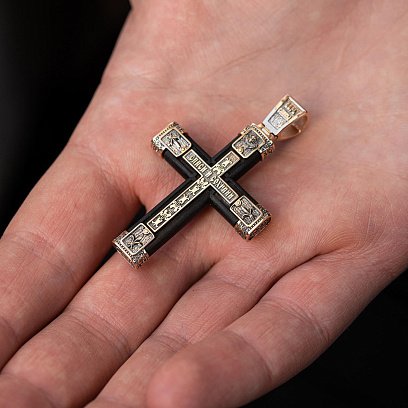 Золотой крест "Распятие. Спаси и Сохрани" с эбеновым деревом 981з №4