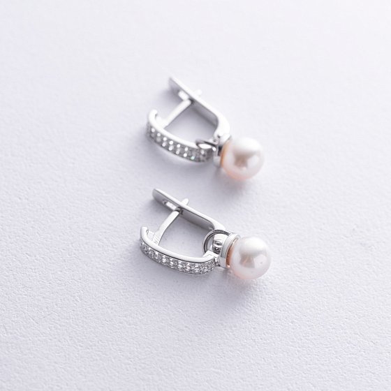 Серебряные серьги с жемчугом и фианитами 902-00333 №3