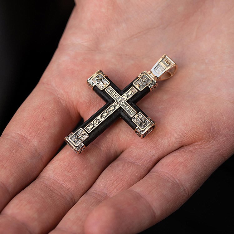 Золотой крест "Распятие. Спаси и Сохрани" с эбеновым деревом 981з от ювелирного магазина Оникс - 3