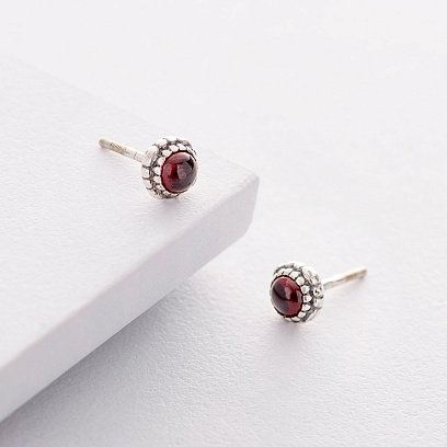 Серебряные серьги - пусеты (пироп) 122178 №5