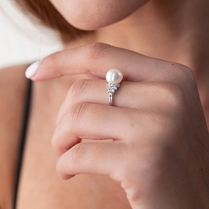 Срібна каблучка з перлами і фіанітами 1808/1р-PWT №4