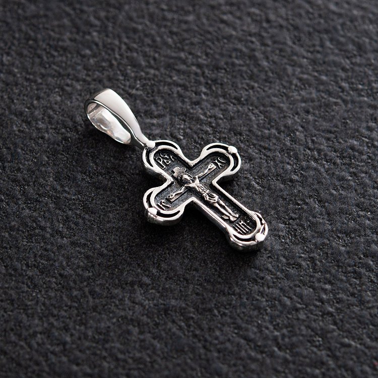 Срібний хрест "Розп'яття. Спаси і збережи" з чорнінням 132705 від ювелірного магазину Онікс - 2