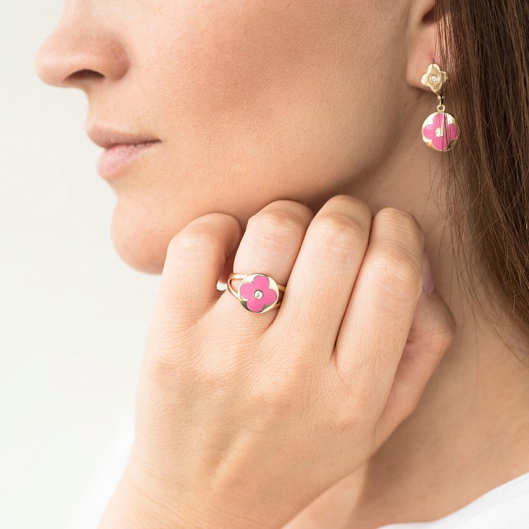 Золота каблучка з конюшиною (емаль, фіаніт) к05693 від ювелірного магазину Онікс - 4