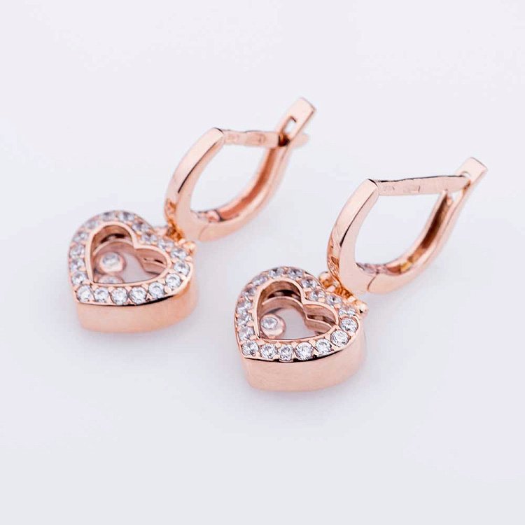 Золотые серьги "Сердца" с фианитами с04281 от ювелирного магазина Оникс - 1
