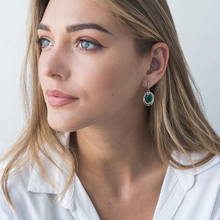 Золотые серьги (хризопраз, фианиты) с03113 от ювелирного магазина Оникс - 1