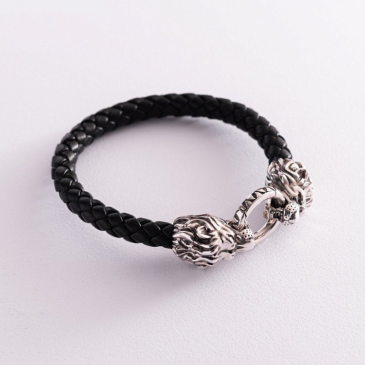 Кожаный браслет "Лев" с серебряными вставками t0022 от ювелирного магазина Оникс