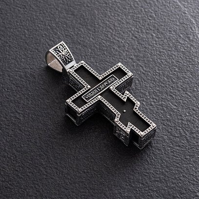 Чоловічий православний хрест "Розп'яття. Спаси та Збережи" з ебенового дерева та срібла 1329 №5