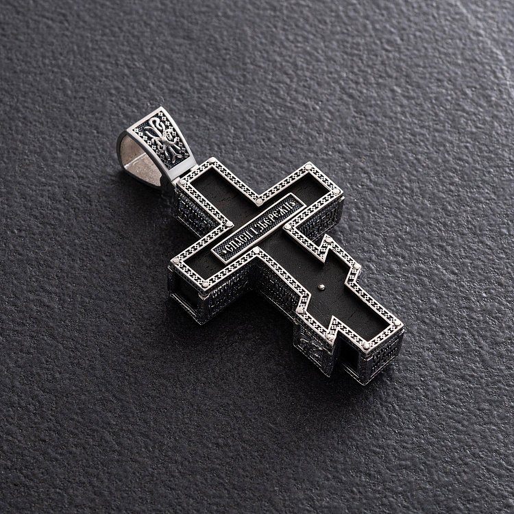 Чоловічий православний хрест "Розп'яття. Спаси та Збережи" з ебенового дерева та срібла 1329 від ювелірного магазину Онікс - 4