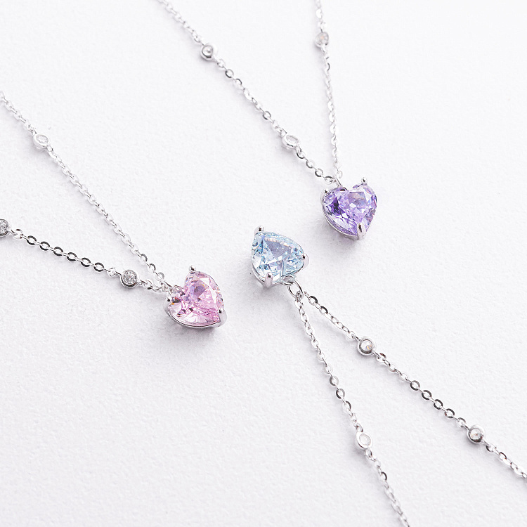 Срібне кольє "Сердечко" (рожевий і білі фіаніти) 181387 від ювелірного магазину Онікс - 1