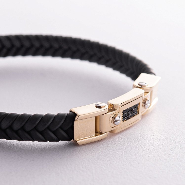 Каучуковый браслет со вставкой желтого золота (фианиты) б03996 от ювелирного магазина Оникс - 4