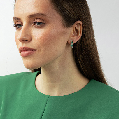 Сережки - кільця "Конюшина" в білому золоті (діаманти, смарагди) сб0703ca №4