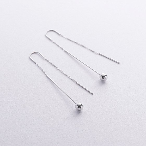 Серьги "Шарики" в белом золоте на цепочке с08823