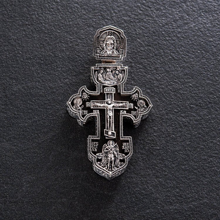 Чоловічий православний хрест "Розп'яття. Спаси та Збережи" з ебенового дерева та срібла 1003с від ювелірного магазину Онікс - 2