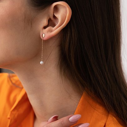 Сережки - пусети "Перлина на ланцюжку" у червоному золоті с08292 №4