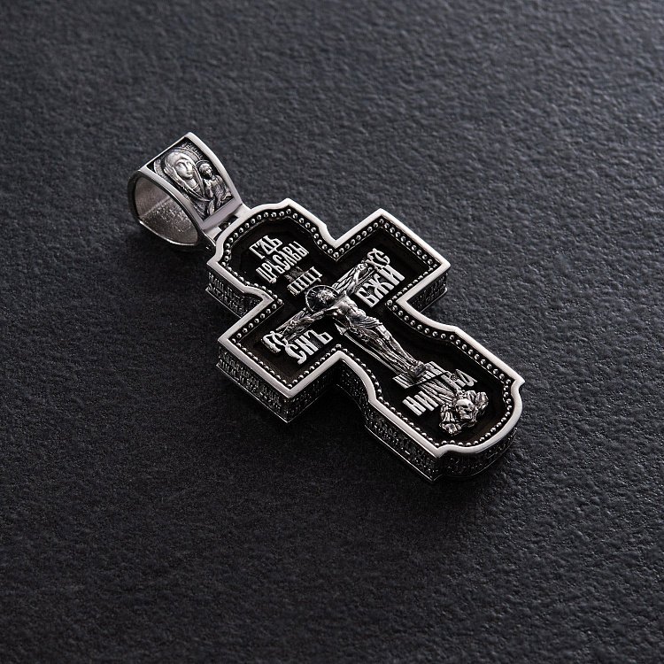 Серебряный крест "Господь. Архангелы Михаил и Гавриил. Ангел Хранитель. Святитель Николай. Сергий Радонежский" с эбеновым деревом 980 от ювелирного магазина Оникс - 2