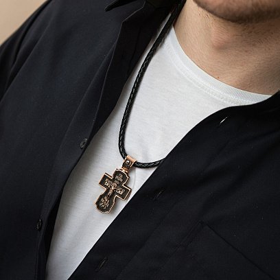 Золотий хрест "Господь. Архангели Михаїл та Гавриїл. Ангел Хранитель. Святитель Миколай. Сергій Радонезький" з ебеновим деревом 980з №5