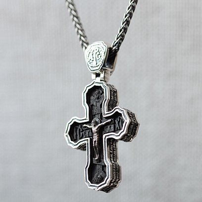 Чоловічий православний хрест "Розп'яття. Спаси і Збережи. Отче наш" з ебенового дерева та срібла mini 1170 №4