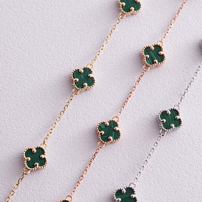 Браслет "Клевер" с малахитом mini (белое золото) б05250 №4