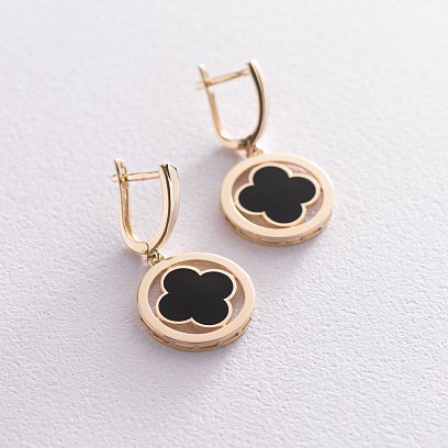 Серьги "Клевер" в желтом золоте (эмаль) с07179