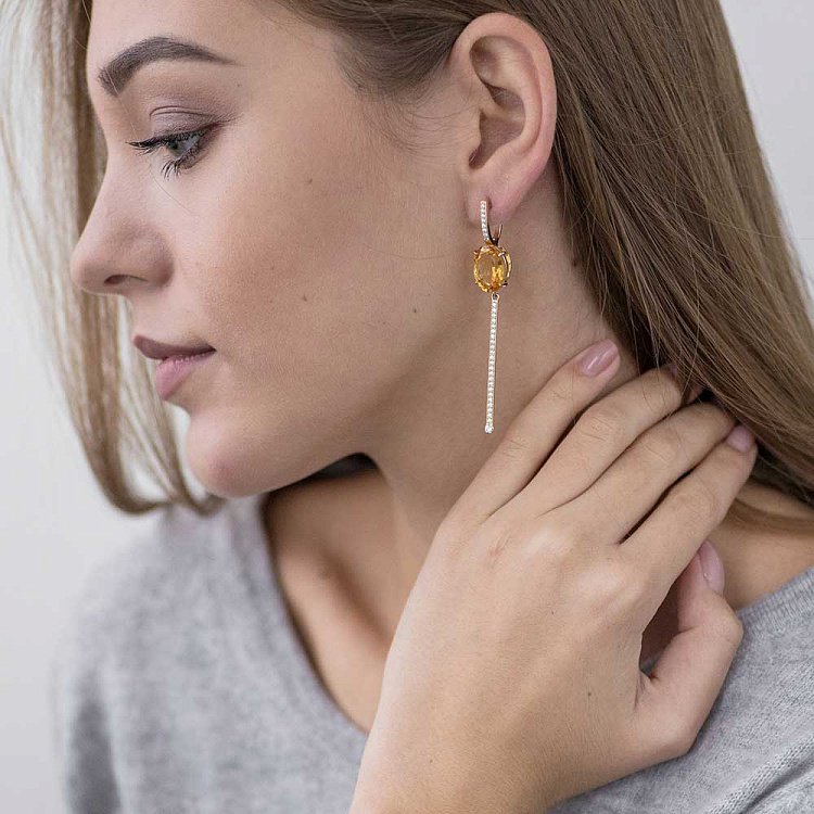 Золотые серьги с желтым цитрином и фианитами z14050442 от ювелирного магазина Оникс - 2