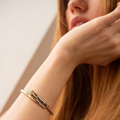 Жесткий браслет "Змея" в желтом золоте (фианиты) б05401 №5