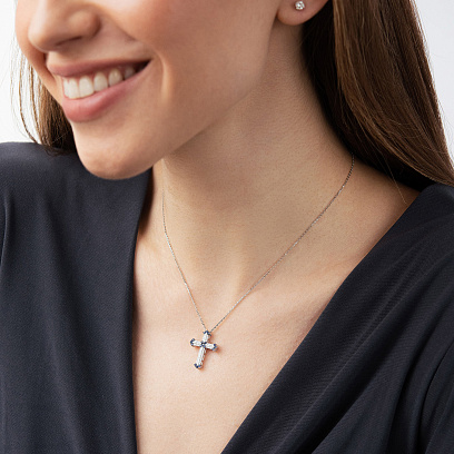 Хрестик у білому золоті (діаманти, сапфіри) пб0392ca №2