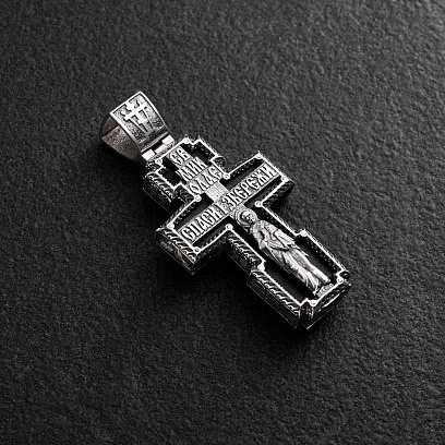 Срібний хрест "Розп'яття. Св. Миколай. Спаси і Збережи" з ебеновим деревом 1774 №3