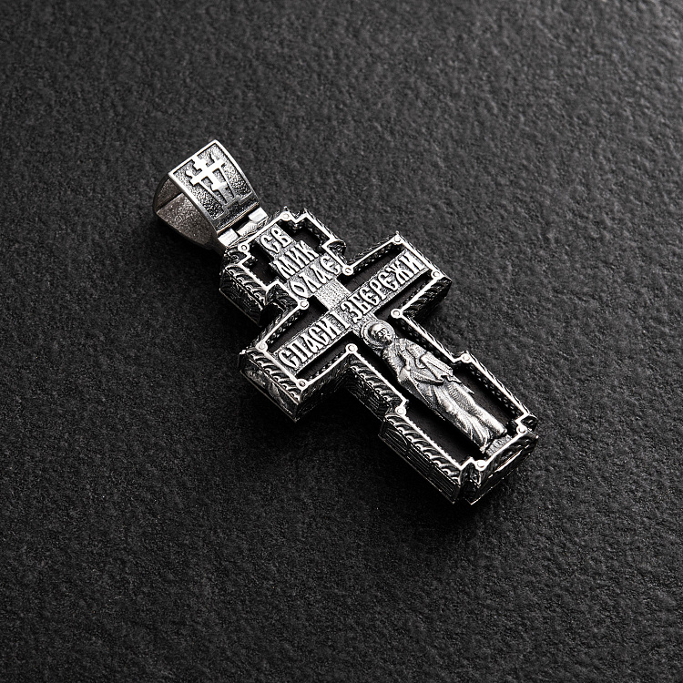 Срібний хрест "Розп'яття. Св. Миколай. Спаси і Збережи" з ебеновим деревом 1774 від ювелірного магазину Онікс - 2