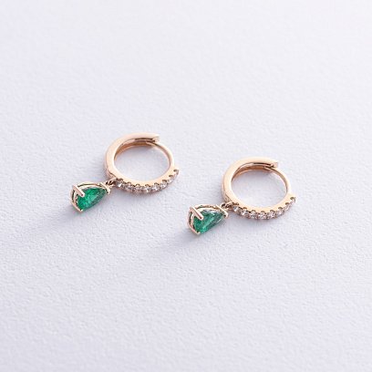 Золотые серьги - кольца "Капельки" (изумруды, бриллианты) сб0515sm №3