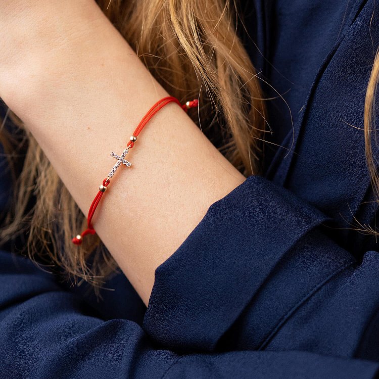 Золотий браслет "Хрестик" з червоною ниткою (фіаніти) б02856 від ювелірного магазину Онікс - 2