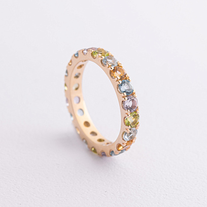 Золотое кольцо с дорожкой разноцветных натуральных камней к07617 №7