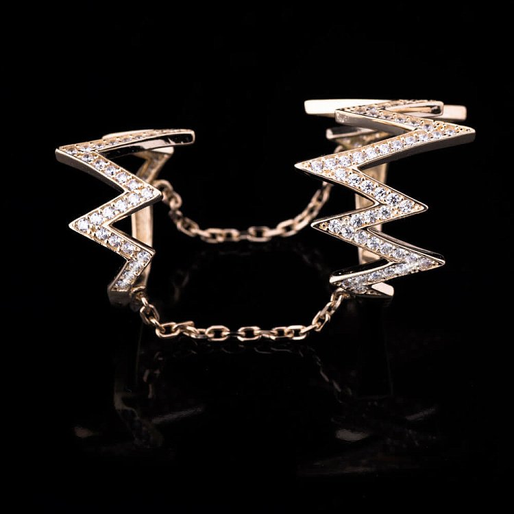 Двойное кольцо с фианитами из золота к04008 от ювелирного магазина Оникс - 2