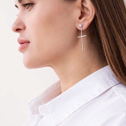 Срібні сережки "Хрести" з фіанітами 123019 №2