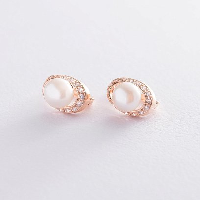 Золотые серьги (жемчуг, фианиты) с06159