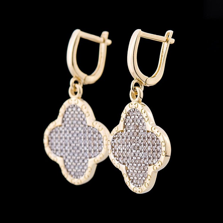 Золотые серьги "Клевер" с фианитами с04299 от ювелирного магазина Оникс - 1