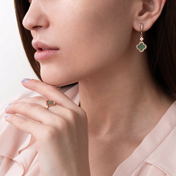 Сережки "Конюшина" в червоному золоті (фіаніти) с07633 від ювелірного магазину Онікс - 2