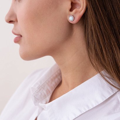 Золотые серьги-пусеты "Сияние" (синт. опал, фианиты) 9 мм с07436 №2