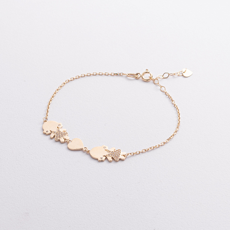 Браслет "Две девочки и сердечко" в желтом золоте (фианиты) б05657 от ювелирного магазина Оникс