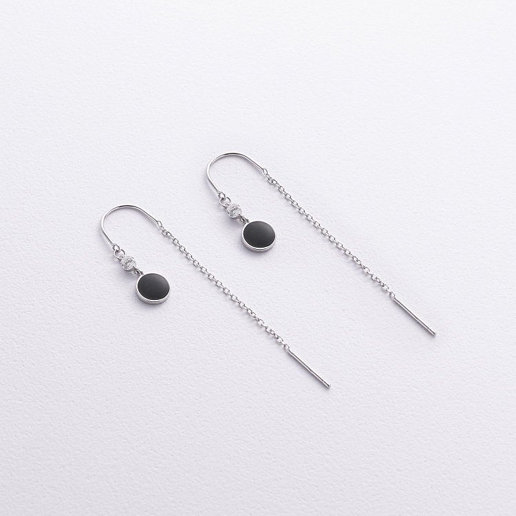 Срібні сережки - протяжки (емаль, фіаніти) 123444 від ювелірного магазину Онікс