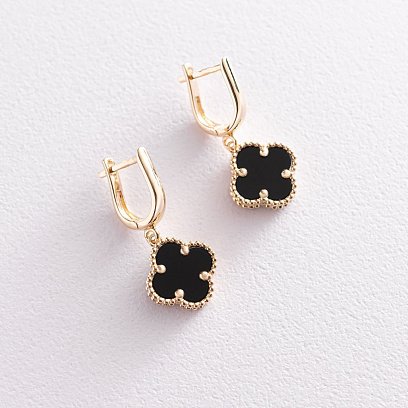 Золоті сережки "Конюшина" з оніксом с06285